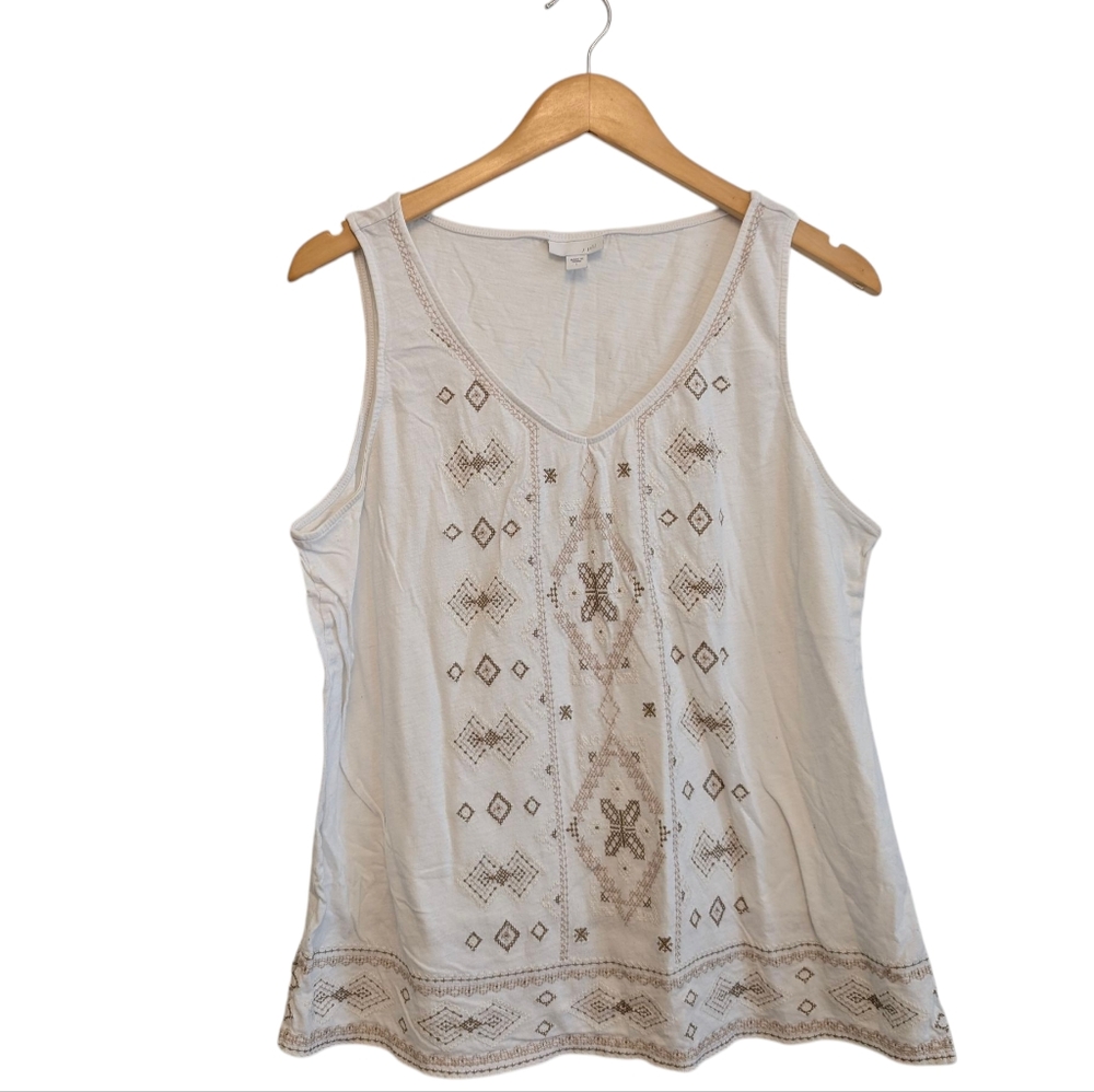 J.JILL Embroidered Sleeveless Top Aztec White Brown Split Neck Cotton Top Large - Picture 3 of 9